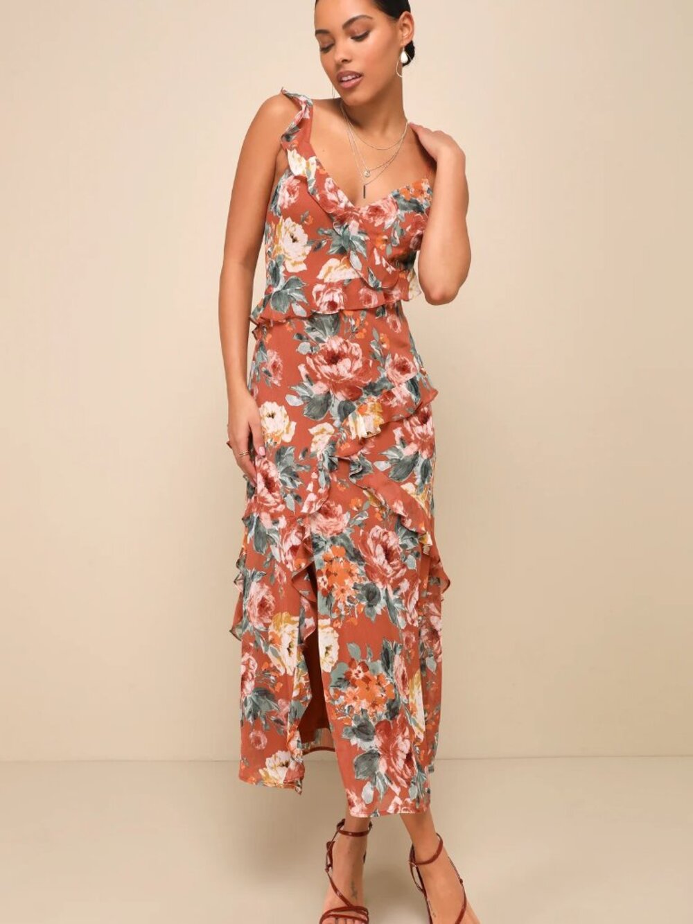 Lulus Notable Poise Rust Floral Print Lace-Up Ruffled Maxi Dress Size XS